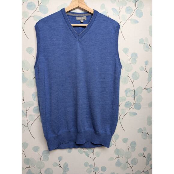 Toscano Firenze Men's L Merino Wool Sweater Vest Blue V-Neck Coastal Grandpacore - Picture 2 of 6
